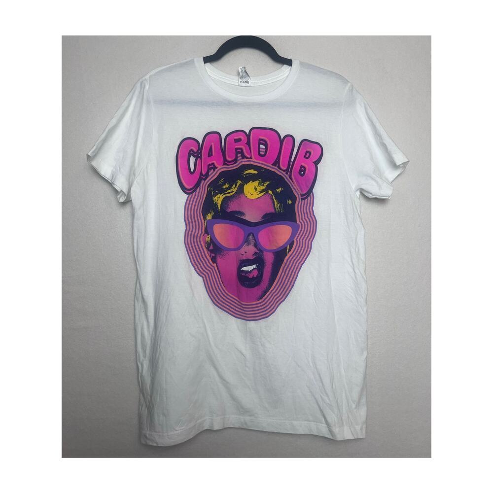 Cardi B Psychedelic Sunglasses Face Short Sleeve T-Shirt White Size Medium